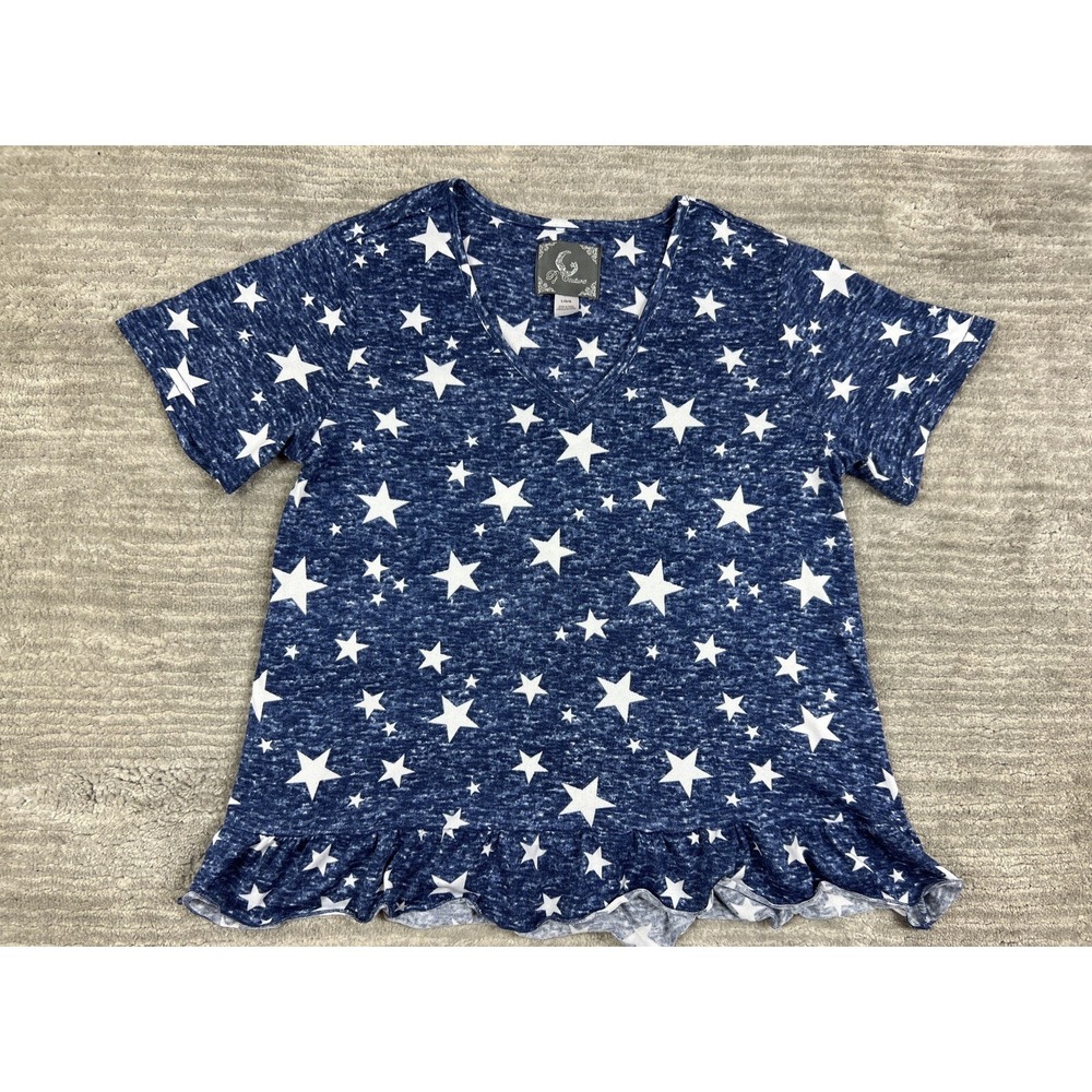 PJ Couture Sleep Shirt Womens Large Blue Star Print V-Neck Ruffle Hem Loungewear